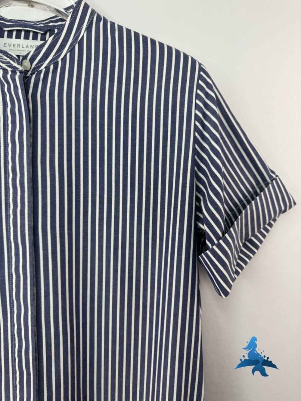 1307 - Everlane Striped Shirt Dress - Band Collar - Size 0 - Blue White - Picture 4 of 15